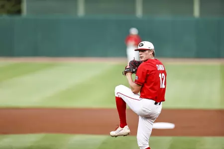 Georgia pitcher Jonathan Cannon (12) during a game against Auburn at Foley Field in Athens, Ga., on Friday, April 30, 2021. (Photo by Tony Walsh)