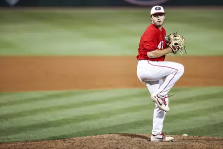 Georgia pitcher Collin Caldwell (47) during a game against Aubrun at Foley Field in Athens, Ga., on Friday, April 30, 2021. (Photo by Tony Walsh)