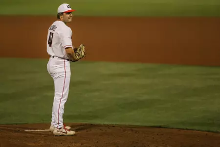 Georgia pitcher Collin Caldwell (47) during a game against Ole Miss on Foley Field in Athens, Ga. on Thursday, May 20, 2021. (Photo by Mackenzie Miles)