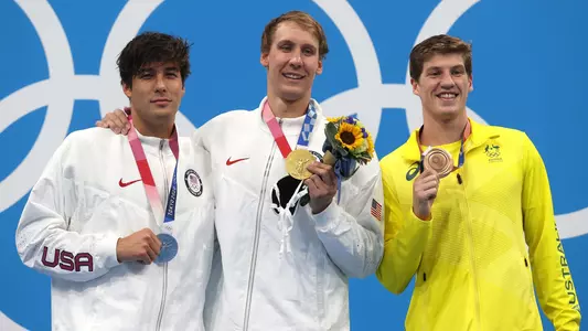 TOKYO, JAPAN - JULY 25: (L-R) Silver medalist Jay Litherland of Team United States, gold medalist Chase Kalisz of Team United States and bronze medalist Brendon Smith of Team Australia pose on the podium after competing in the Men's 400m Individual Medley Final on day two of the Tokyo 2020 Olympic Games at Tokyo Aquatics Centre on July 25, 2021 in Tokyo, Japan. (Photo by Clive Rose/Getty Images)