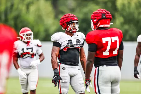 Georgia defensive lineman Travon Walker (44) during the Bulldogs’ practice session in Athens, Ga., on Tuesday, Sept. 7, 2021. (Photo by Tony Walsh)