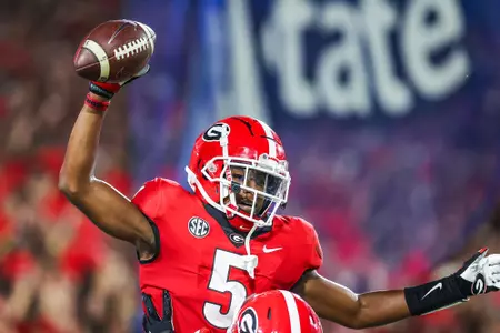 Georgia wide receiver Adonai Mitchell (5) during the Bulldogs’ game with South Carolina in Dooley Field at Sanford Stadium in Athens, Ga., on Saturday, Sept. 18, 2021. (Photo by Mackenzie Miles)