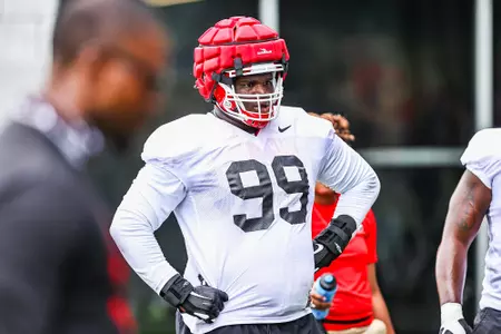 Georgia defensive lineman Jordan Davis (99) during the Bulldogs’ practice session in Athens, Ga., on Friday, Aug. 6, 2021. (Photo by Tony Walsh)