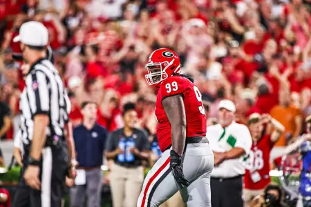 Georgia defensive lineman Jordan Davis (99) during the Bulldogs’ game against South Carolina in Athens, Ga., on Saturday, Sept. 18, 2021. (Photo by Tony Walsh)