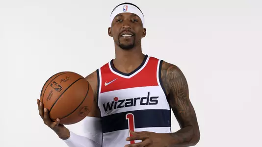 Washington Wizards guard Kentavious Caldwell-Pope poses for a photograph during an NBA basketball media day, Monday, Sept. 27, 2021, in Washington. (AP Photo/Nick Wass)