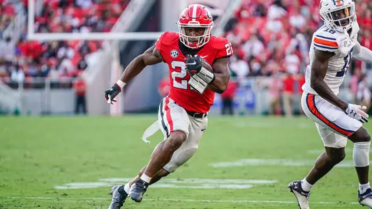 Oct 8, 2022; Athens, Georgia, USA; Georgia Bulldogs running back Branson Robinson (22) runs for a touchdown against the Auburn Tigers during the second half at Sanford Stadium. Mandatory Credit: Dale Zanine-USA TODAY Sports