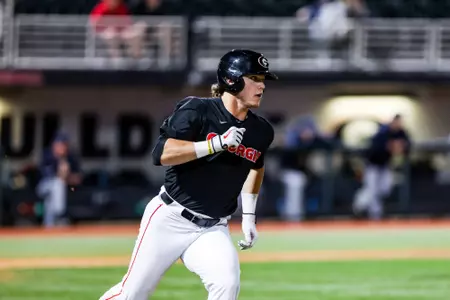 Georgia first baseman Cole Wagner (19) during a game against Akron at Foley Field in Athens, Ga., on Saturday, Feb. 26, 2022. (Photo by Tony Walsh)