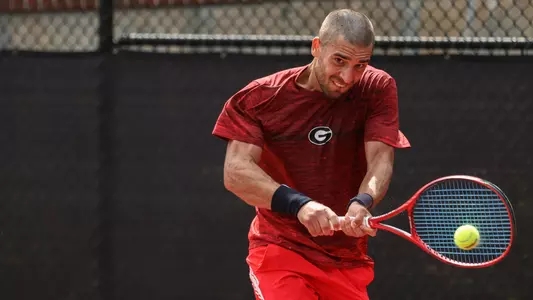 Georgia tennis player Teodor Giusca during the Southern Intercollegiate Championships against USC at the Dan Magill Tennis Complex in Athens, Ga., on Sunday, Sept. 18, 2022. (Photo by Kayla Renie)