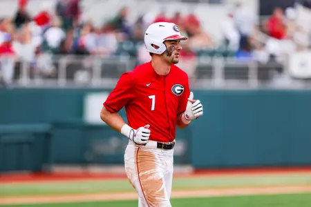 Georgia outfielder Garrett Spikes (7) during a game against Akron at Foley Field in Athens, Ga., on Saturday, Feb. 26, 2022. (Photo by Tony Walsh)