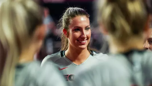 Georgia middle blocker Mackenzie Norris (11) during a match against Santa Clara at Stegeman Coliseum in Athens, Ga., on Saturday, Aug. 27, 2022. (Photo by Tony Walsh)