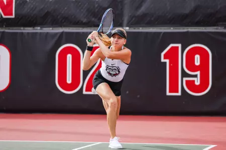 Georgia tennis player Ania Hertel during the Sea Pines College Tournament at the Dan Magill Tennis Complex in Athens, Ga., on Saturday, Oct. 1, 2022. (Photo by Tony Walsh)