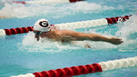 Georgia swimmer Luca Urlando competes during a meet against Florida at the Gabrielsen Natatorium in Athens, Ga., on Friday, Oct. 28, 2022. (Photo by Kayla Renie)