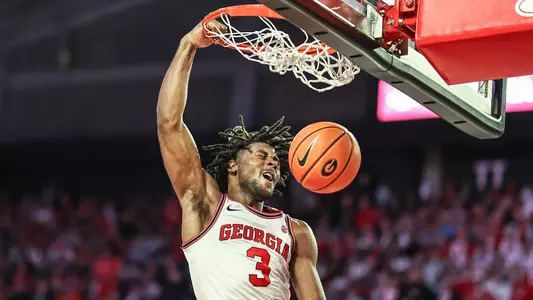 Georgia basketball player Kario Oquendo (3) during a game against Auburn at Stegeman Coliseum in Athens, Ga., on Saturday, Feb. 5, 2022. (Photo by Mackenzie Miles)