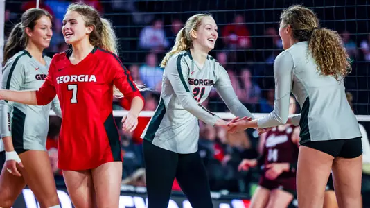 Georgia outside hitter Amber Stivrins (21) during a match against Texas A&M at Stegeman Coliseum in Athens, Ga., on Saturday, Oct. 1, 2022. (Photo by Tony Walsh)