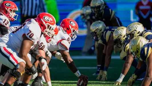 Nov 27, 2021; Atlanta, Georgia, USA; Georgia Bulldogs and Georgia Tech Yellow Jackets players await the snap during the second half at Bobby Dodd Stadium. Mandatory Credit: Dale Zanine-USA TODAY Sports