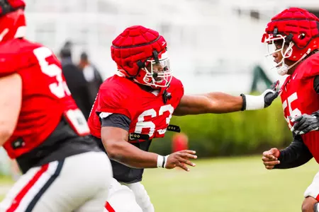 During Georgiaâ??s practice session on Dooley Field at Sanford Stadium in Athens, Ga., on Saturday, April 9, 2022. (Photo by Tony Walsh)