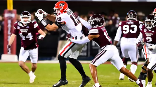 Georgia tight end Brock Bowers (19) during a game against Mississippi State at Davis-Wade Stadium in Starkville, Miss., on Saturday, Nov. 12, 2022. (photo by Rob Davis)