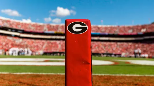 Field level view of a powerG branded end-zone pylon Sanford Stadium