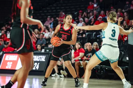 Georgia forward Javyn Nicholson (35) during a match against Coastal Carolina at Stegeman Coliseum in Athens, Ga., on Monday, Nov. 7, 2022. (Photo by Kayla Renie)