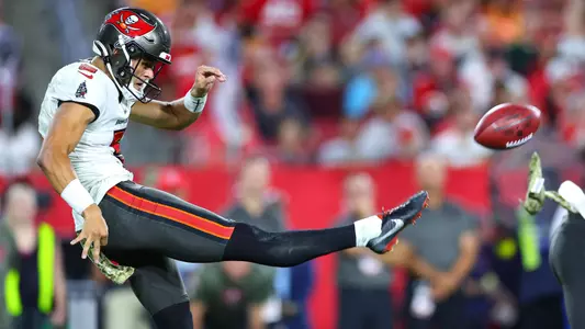 TAMPA, FLORIDA - NOVEMBER 06: Jake Camarda #5 of the Tampa Bay Buccaneers punts in the third quarter of a game against the Los Angeles Rams at Raymond James Stadium on November 06, 2022 in Tampa, Florida. (Photo by Mike Ehrmann/Getty Images)