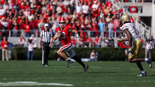 Georgia quarterback Stetson Bennett (13) during Georgiaâ??s game for the Governorâ??s Cup against Georgia Tech on Dooley Field at Sanford Stadium in Athens, Ga., on Saturday, Nov. 26, 2022. (Photo by Tony Walsh)
