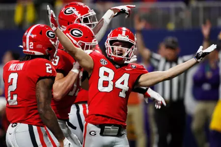 Georgia wide receiver Ladd McConkey (84) celebrates after scoring a touchdown during the first half of the SEC Championship NCAA college football game between LSU and Georgia in Atlanta, on Saturday, Dec. 3, 2022.
News Joshua L Jones