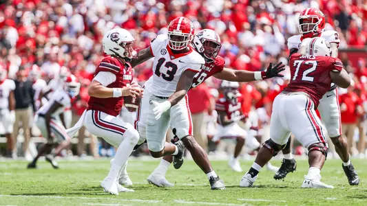 Georgia defensive lineman Mykel Williams (13) during a game against South Carolina at Williams-Brice Stadium in Columbia, S.C., on Saturday, Sept. 17, 2022. (Photo by Tony Walsh)