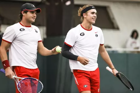 Georgia tennis player Philip Henning during a match against University of South Florida on the Lindsey Hopkins Indoor Courts at the Dan Magill Tennis Complex in Athens, Ga., on Monday, Jan. 31, 2022. (Photo by Mackenzie Miles)