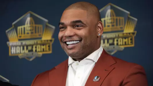 Feb 10, 2022; Los Angeles, CA, USA; Former New England Patriot defensive end Richard Seymour talk to the media during the Pro Football Hall of Fame Class of 2022 Induction Announcement after the NFL Honors program. Mandatory Credit: Kirby Lee-USA TODAY Sports