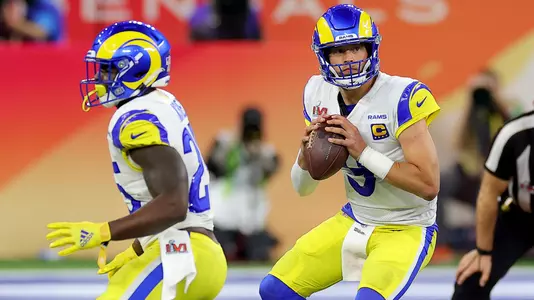 INGLEWOOD, CALIFORNIA - FEBRUARY 13: Matthew Stafford #9 of the Los Angeles Rams drops back to pass during the fourth quarter of Super Bowl LVI against the Cincinnati Bengals at SoFi Stadium on February 13, 2022 in Inglewood, California. (Photo by Kevin C. Cox/Getty Images)