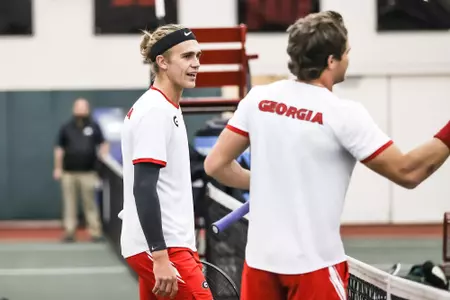 Georgia tennis player Philip Henning during a match against University of South Florida on the Lindsey Hopkins Indoor Courts at the Dan Magill Tennis Complex in Athens, Ga., on Monday, Jan. 31, 2022. (Photo by Mackenzie Miles)