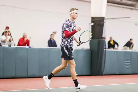 Georgia tennis player Hamish Stewart during a match against Arkansas at Lindsey Hopkins Indoor Tennis Stadium in Athens, Ga., on Friday, March 18, 2022. (Photo by Mackenzie Miles)