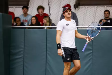Georgia tennis player Trent Bryde during a match against VCU on the Lindsey Hopkins Indoor Courts at the Dan Magill Tennis Complex in Athens, Ga., on Sunday, Jan. 30, 2022. (Photo by Tony Walsh)
