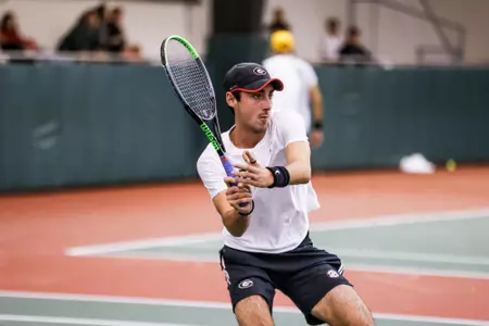 Georgia tennis player Thomas Paulsell during a match against VCU on the Lindsey Hopkins Indoor Courts at the Dan Magill Tennis Complex in Athens, Ga., on Sunday, Jan. 30, 2022. (Photo by Tony Walsh)