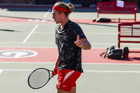 Georgia tennis player Philip Henning during a match against Texas at the Dan Magill Tennis Complex in Athens, Ga., on Tuesday, March 1, 2022. (Photo by Tony Walsh)