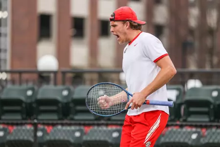 Georgia tennis player Erik Grevelius during a match against Florida at Dan McGill Tennis Complex in Athens, Ga., on Friday, March 11, 2022. (Photo by Mackenzie Miles)