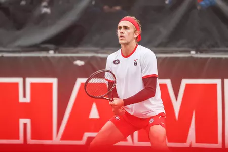 Georgia tennis player Philip Henning during a match against Florida at Dan McGill Tennis Complex in Athens, Ga., on Friday, March 11, 2022. (Photo by Mackenzie Miles)