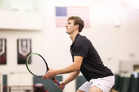 Georgia tennis player Tristan McCormick during a match against South Carolina at Lindsey Hopkins Indoor Tennis Stadium in Athens, Ga., on Sunday, March 13, 2022. (Photo by Mackenzie Miles)