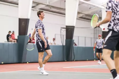 Georgia tennis player Tristan McCormick during a match against Arkansas at Lindsey Hopkins Indoor Tennis Stadium in Athens, Ga., on Friday, March 18, 2022. (Photo by Mackenzie Miles)