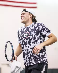 Georgia tennis player Erik Grevelius during a match against Arkansas at Lindsey Hopkins Indoor Tennis Stadium in Athens, Ga., on Friday, March 18, 2022. (Photo by Mackenzie Miles)