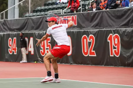 Georgia tennis player Trent Bryde during a match against Florida at Dan McGill Tennis Complex in Athens, Ga., on Friday, March 11, 2022. (Photo by Mackenzie Miles)