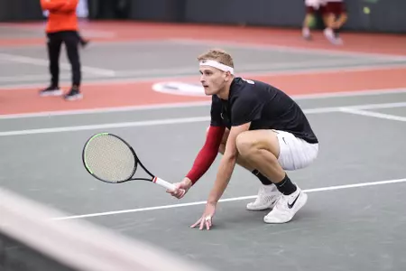 Georgia tennis player Hamish Stewart during a match against South Carolina at Lindsey Hopkins Indoor Tennis Stadium in Athens, Ga., on Sunday, March 13, 2022. (Photo by Mackenzie Miles)