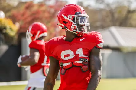 Georgia wide receiver Marcus Rosemy-Jacksaint (81) during Georgia’s practice session in Athens, Ga., on Wednesday, March 23, 2022. (Photo by Mackenzie Miles)