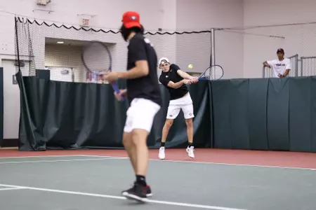 Georgia tennis player Erik Grevelius during a match against South Carolina at Lindsey Hopkins Indoor Tennis Stadium in Athens, Ga., on Sunday, March 13, 2022. (Photo by Mackenzie Miles)