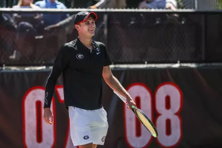 Georgia tennis player Hamish Stewart during a match against LSU at Dan McGill Tennis Complex in Athens, Ga., on Sunday, April 3, 2022. (Photo by Mackenzie Miles)