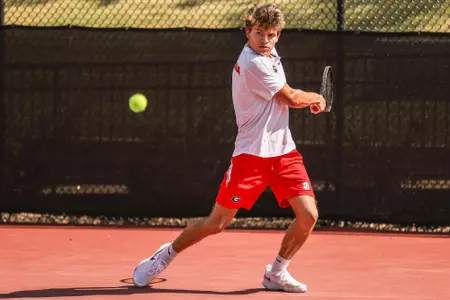 Georgia tennis player Britton Johnston during a match against Alabama State in the second round of the 2022 NCAA Division I Men’s Tennis Championships at Henry Feild Stadium in Athens, Ga., on Friday, May 6, 2022.(Photo by Mackenzie Miles)