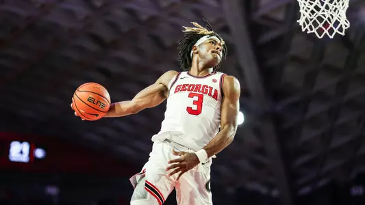Georgia basketball player Kario Oquendo (3) during a game against Western Carolina at Stegeman Coliseum in Athens, Ga., on Monday, Dec. 20, 2021. (Photo by Mackenzie Miles)