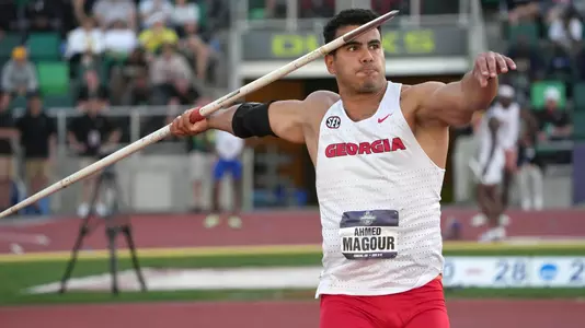 Jun 8, 2022; Eugene, OR, USA; Ahmed Magour of Georgia places eighth in the javelin at 239-11 (73.14m) during the NCAA Track and Field championships at Hayward Field. Mandatory Credit: Kirby Lee-USA TODAY Sports