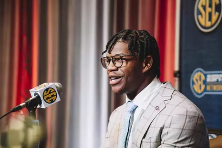 Nolan Smith talks to during Georgia's appearance at SEC Media Day.