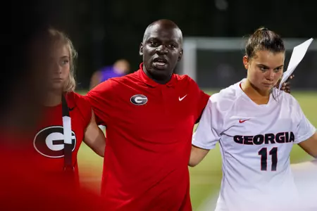 Georgia head coach Keidane McAlpine during a preseason exhibition match against Furman at Turner Soccer Complex in Athens, Ga., on Saturday, Aug. 13, 2022. (Photo by Tony Walsh)